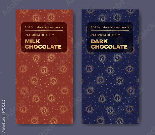 Vector set of chocolate bar package design with golden pattern.