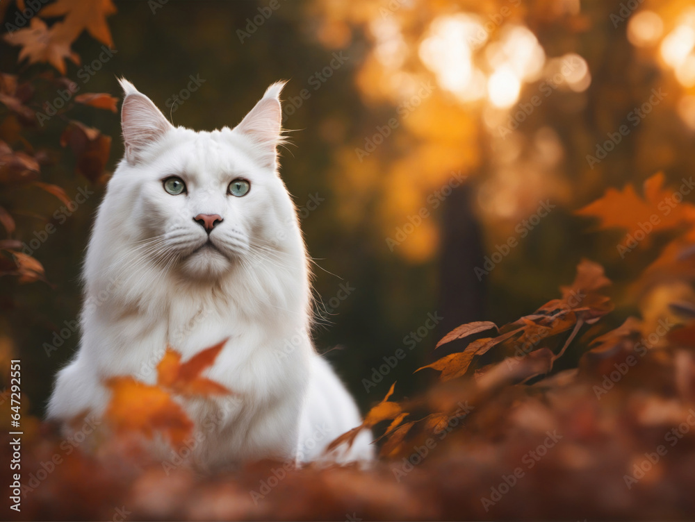 Photo of a white cat in a forest with orange leaves in autumn. 