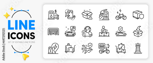 Parking garage, Delivery warning and Flight destination line icons set for app include Delivery insurance, Luggage trolley, Charging station outline thin icon. E-bike, Moving service. Vector