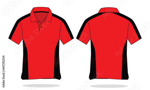 Two tone short sleeve polo shirt with red-black design on whte background.Front and back view, vector file