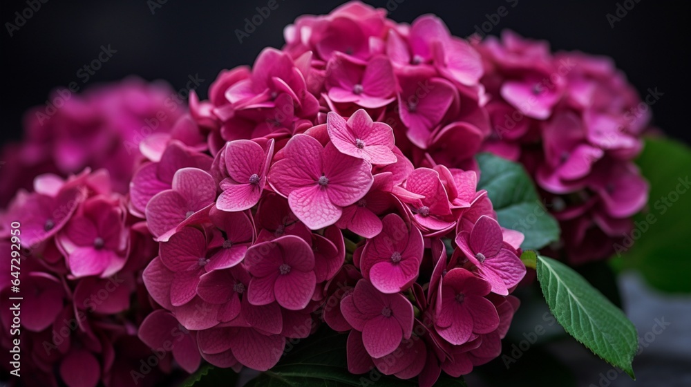 Fototapeta premium Close-up of dark pink-purple Hydrangea bouquet flowers blooming in the garden on a dark background. The ornamental flowers for decorating in the garden