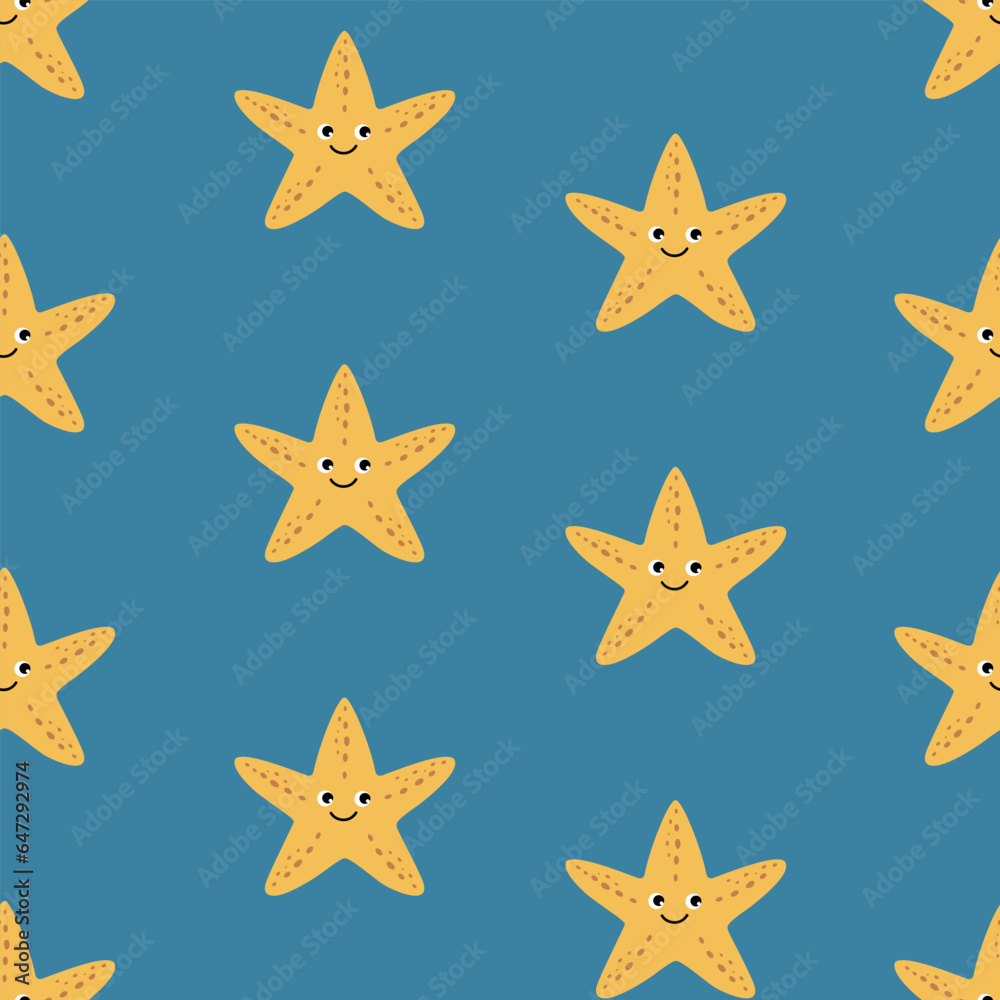 Seamless pattern with cute cartoon starfish. Underwater world. Vector.