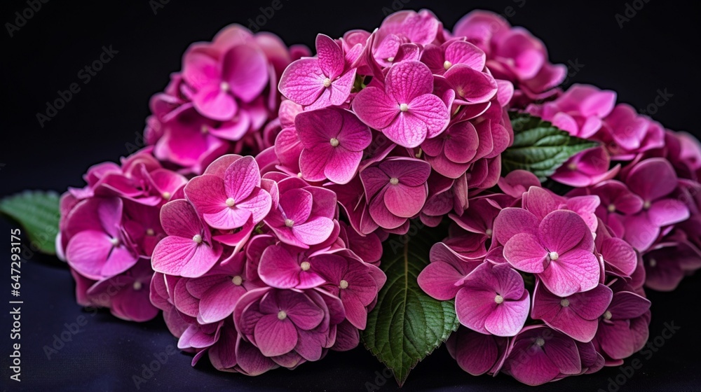 Close-up of dark pink-purple Hydrangea bouquet flowers blooming in the garden on a dark background. The ornamental flowers for decorating in the garden