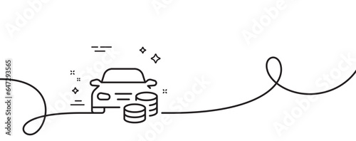 Buy car line icon. Continuous one line with curl. Rent transport sign. Vehicle down payment symbol. Buy car single outline ribbon. Loop curve pattern. Vector