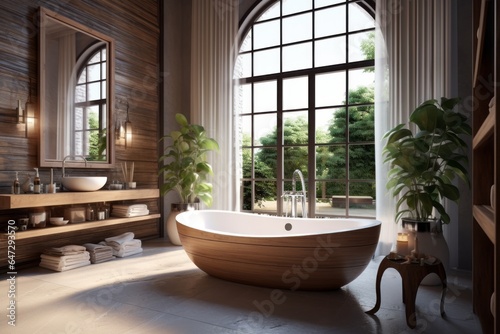 a modern white bathroom with natural wood flooring and woodwork ,a window and a white bathtub © XC Stock