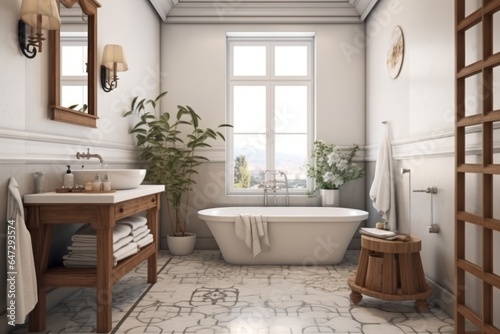 a modern white bathroom with natural wood flooring and woodwork  a window and a white bathtub