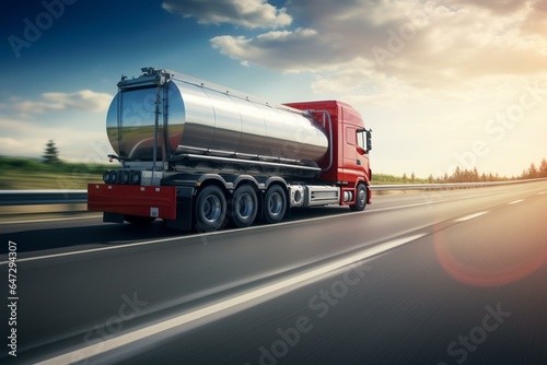 Tanker truck moving on highway, transporting liquid goods. Metal cistern tanker with petroleum products. Oil and gas logistics with out of focus, granularity, and motion blur. Generative AI