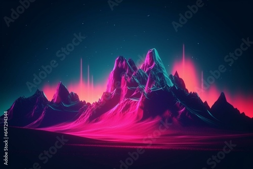 Unique vintage landscape of mountains illuminated by neon lights. Generative AI