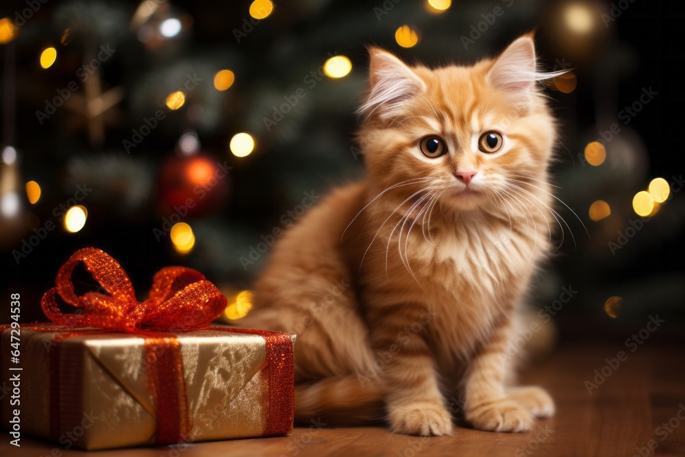 Photo of a festive ginger cat sitting next to a beautifully decorated Christmas tree and lovely wrapped Christmas presents - created with Generative AI technology Photo of a festive ginger cat sitting next to a beautifully decorated Christmas tree and lovely wrapped Christmas presents - created with Generative AI technology