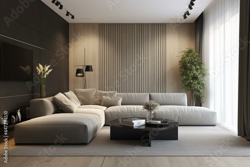 Rendered interior design of a contemporary living room with a modern wall backdrop. Generative AI © Amaia
