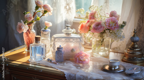 An antique dressing table adorned with a vintage mirror, classic perfume bottles, and jewelry.