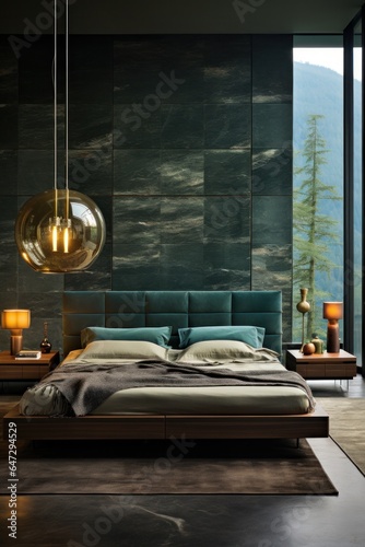 Luxurious nature inspired bedroom with wood and stone details, LED lights, bed covers and premium rugs. Designer bedroom