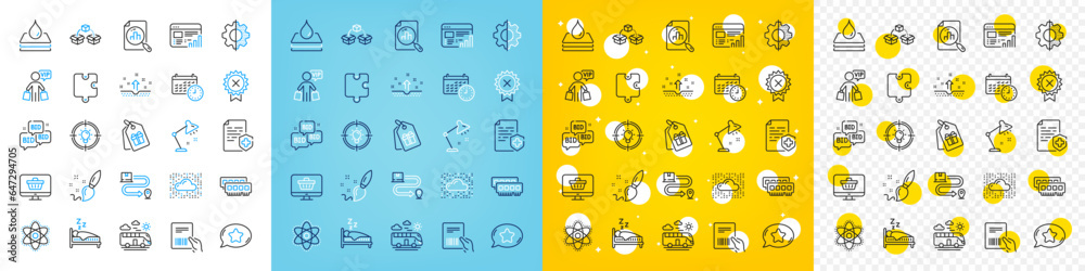 Vector icons set of Medical certificate, Parcel invoice and Analytics graph line icons pack for web with Reject medal, Chemistry atom, Delivery service outline icon. Puzzle, Cloud system. Vector
