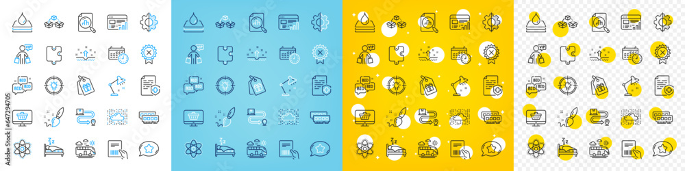 Vector icons set of Medical certificate, Parcel invoice and Analytics graph line icons pack for web with Reject medal, Chemistry atom, Delivery service outline icon. Puzzle, Cloud system. Vector Vector icons set of Medical certificate, Parcel invoice and Analytics graph line icons pack for web with Reject medal, Chemistry atom, Delivery service outline icon. Puzzle, Cloud system. Vector