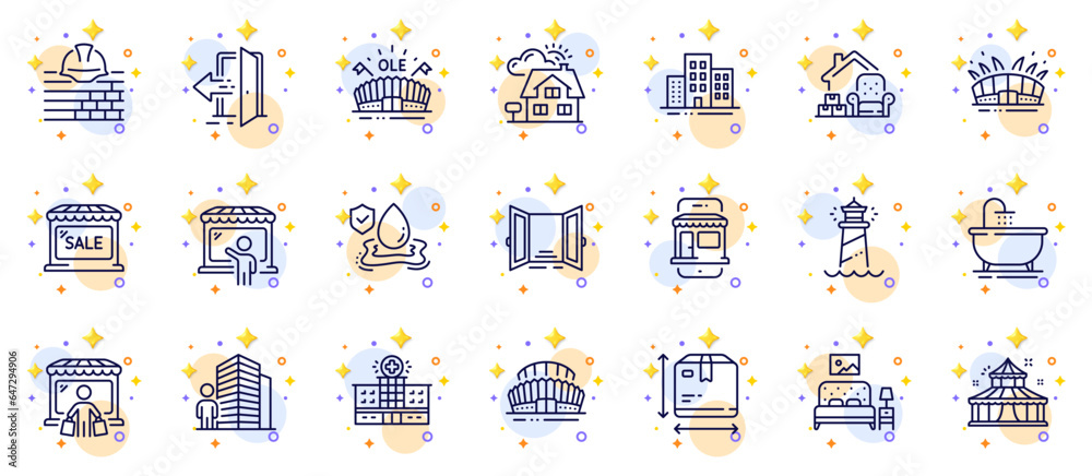Outline set of Market seller, Buildings and Furniture line icons for web app. Include Market buyer, Open door, Lighthouse pictogram icons. Marketplace, Entrance, Hospital building signs. Vector Outline set of Market seller, Buildings and Furniture line icons for web app. Include Market buyer, Open door, Lighthouse pictogram icons. Marketplace, Entrance, Hospital building signs. Vector