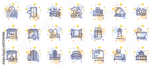 Outline set of Market seller, Buildings and Furniture line icons for web app. Include Market buyer, Open door, Lighthouse pictogram icons. Marketplace, Entrance, Hospital building signs. Vector