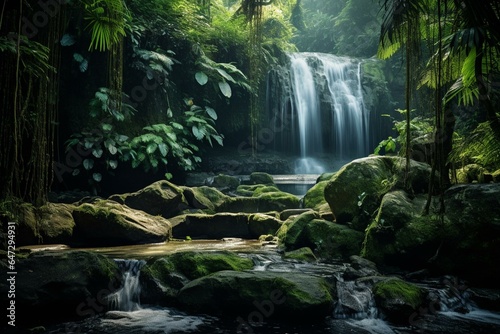 Natural stage in jungle with waterfall and river stream. Generative AI