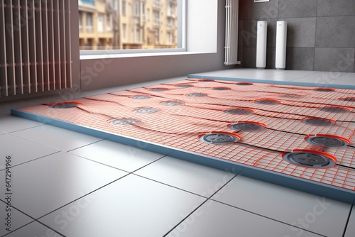 Illustration of electric underfloor heating system with cement and ceramic tiles. Generative AI