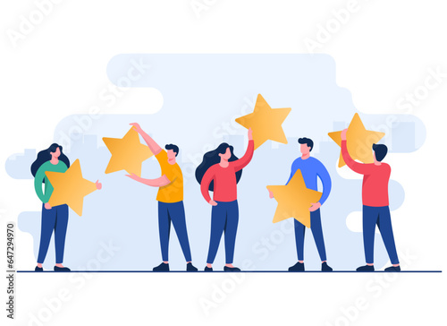 Satisfied customers give high ratings to product, service, app, or website, Feedback, Customer review evaluation, Satisfaction rating level survey concept flat illustration vector template
