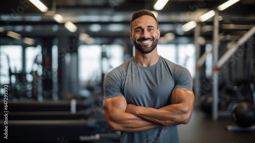 A man wearing a workout attire against a bright gym interior background.