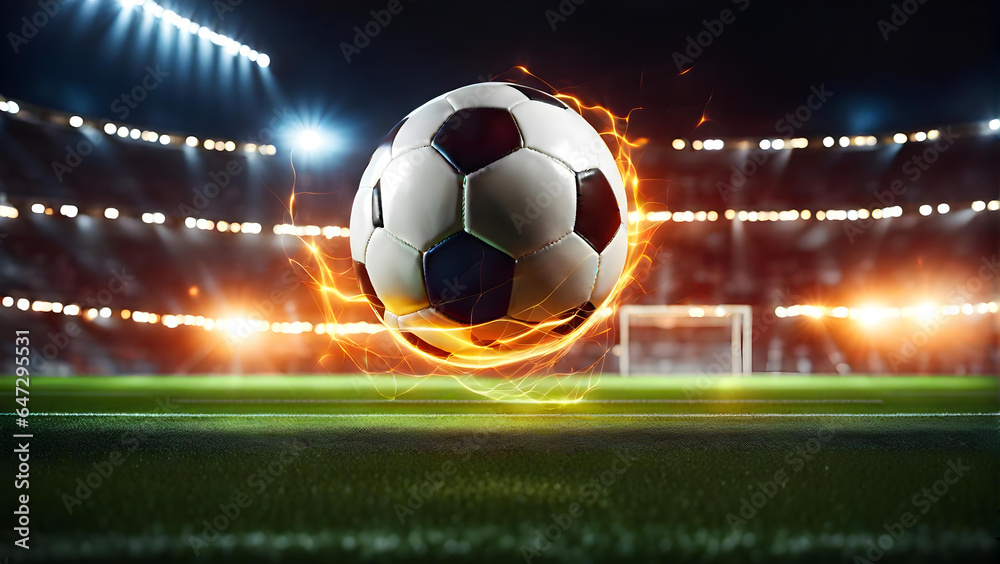 A soccer ball is covered in light on the background of a soccer field. - obrazy, fototapety, plakaty 
