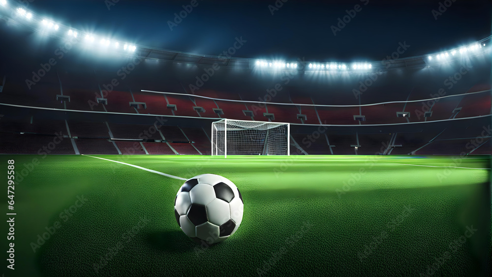 Soccer ball on the grass on the background of the soccer field - obrazy, fototapety, plakaty 
