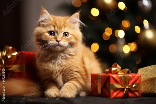 Photo of a festive ginger cat sitting next to a beautifully decorated Christmas tree and lovely wrapped Christmas presents - created with Generative AI technology © AI Visual Vault