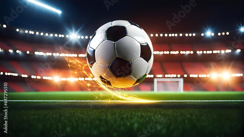 A soccer ball is covered in light on the background of a soccer field. © anmitsu