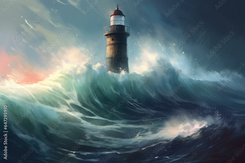 A digital painting featuring a lighthouse amidst intense waves. Generative AI