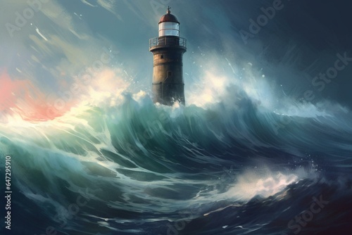 A digital painting featuring a lighthouse amidst intense waves. Generative AI