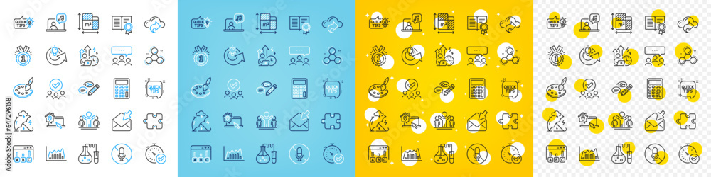 Vector icons set of Chemistry lab, Work home and Education idea line icons pack for web with Diploma, Open mail, Calculator outline icon. Approved, Puzzle, Chemistry molecule pictogram. Vector