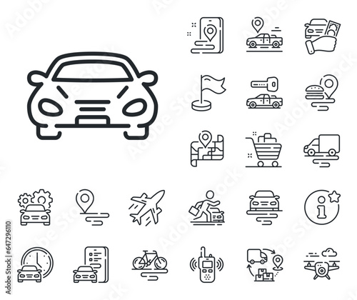 Transportation vehicle sign. Plane, supply chain and place location outline icons. Car transport line icon. Driving symbol. Car line sign. Taxi transport, rent a bike icon. Travel map. Vector