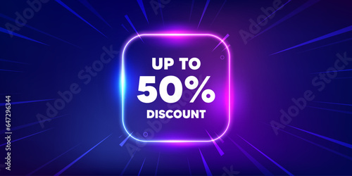 Up to 50 percent discount. Neon light frame box banner. Sale offer price sign. Special offer symbol. Save 50 percentages. Discount tag neon light frame message. Vector