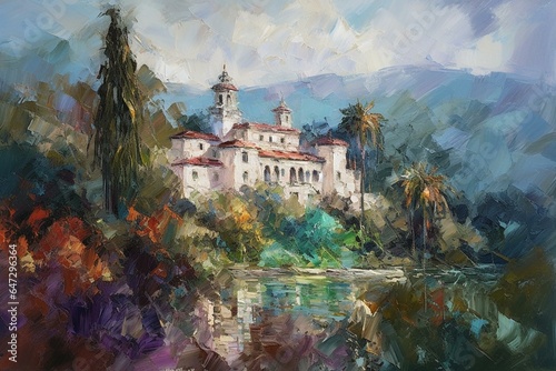 Impressionistic oil painting of Hearst Castle, California, with palette knife technique. Generative AI photo