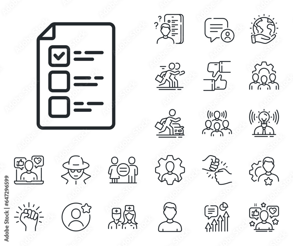 Fototapeta premium Vote checklist sign. Specialist, doctor and job competition outline icons. Voting ballot paper line icon. Public election symbol. Voting ballot line sign. Avatar placeholder, spy headshot icon. Vector