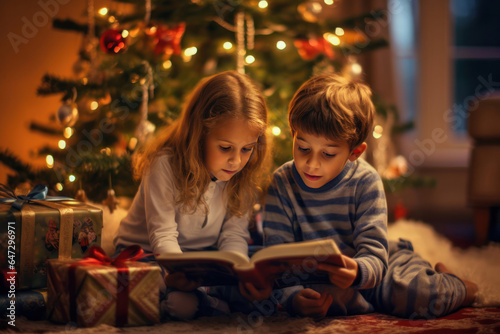 Brother and sister sit under a decorated Christmas tree surrounded by presents and festive lights and read a book.