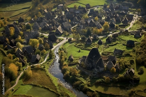 An aerial view of Czarny Las village near Gora Kalwaria city in Poland. Generative AI