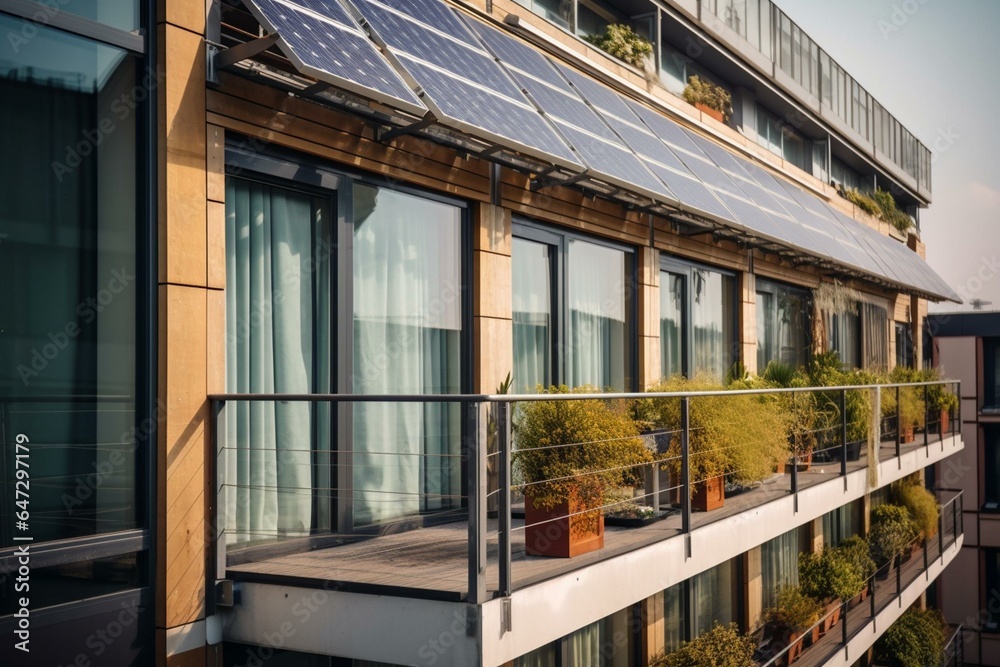 City apartment balcony with solar panels. Generative AI