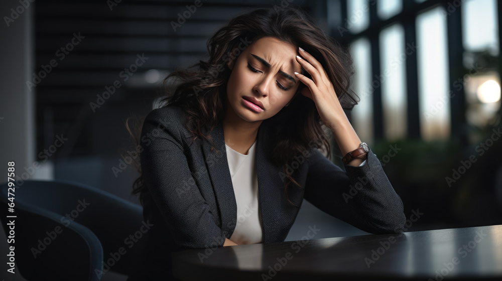 Businesswoman in depression sitting in her work office holding her head with hand, suffering from overwork, stress or job loss Businesswoman in depression sitting in her work office holding her head with hand, suffering from overwork, stress or job loss