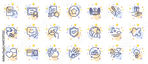 Outline set of Laureate award, Loyalty star and Apple line icons for web app. Include Smile face, Honeymoon travel, Confirmed pictogram icons. Travel sea, Internet warning. Vector