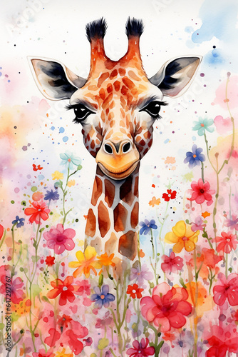 Watercolor painting of a beautiful giraffe in a colorful flower field. Beautiful artistic image for poster  art print  greeting card.
