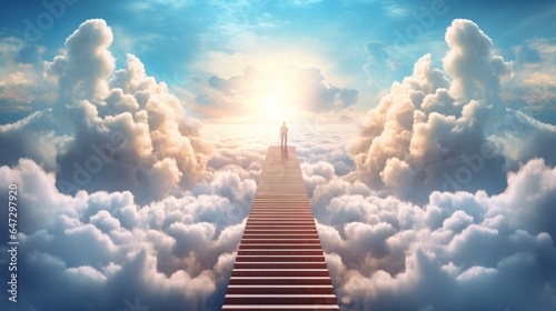 staircaise in sky, concept: Paradise, eternal life, death, 16:9, copy space photo