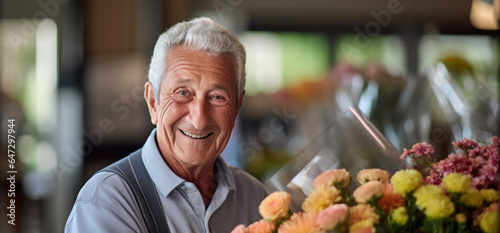 Happy senior man holds a bouquet of flowers in his hands