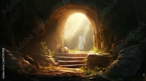 Empty tomb of Jesus with crosses in the background, concept: resurrection, easter, 16:9, copy space photo