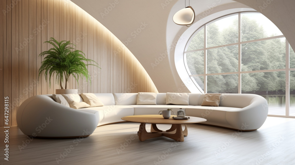 Luxurious modern living room with a curved white sofa in room with arch ...