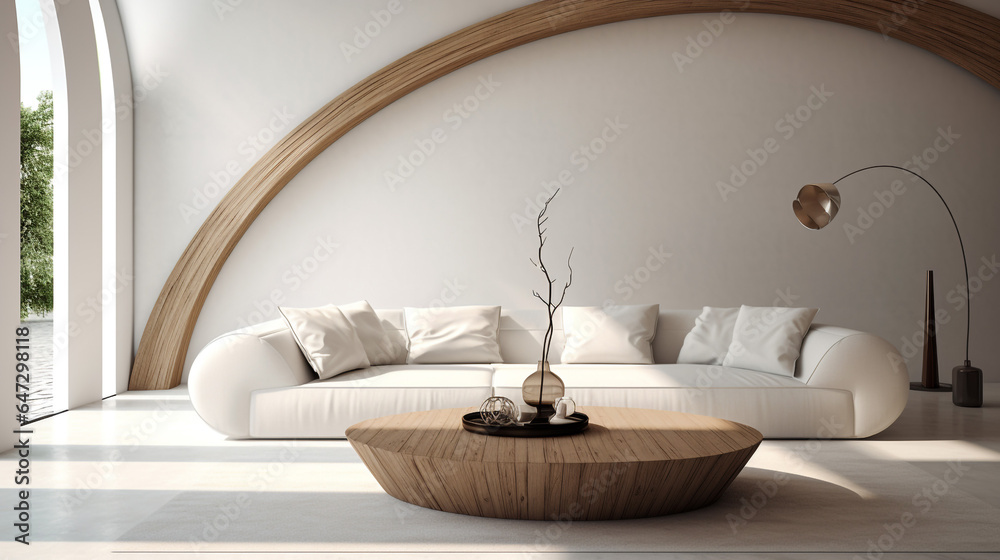 Luxurious modern living room with a curved white sofa in room with arch ...