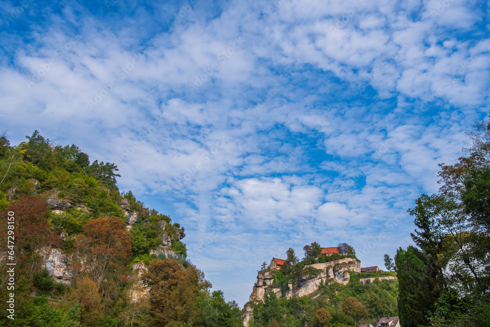 View of castle in Pottenstein in the Püttlach valley in Franconian Switzerland/Germany