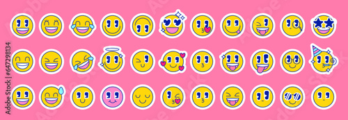 Vector set of bright emoji stickers in retro style. Sad and angry characters