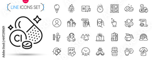 Pack of Accounting, Medical tablet and Coffee break line icons. Include Touchscreen gesture, Coffeepot, Empower pictogram icons. Capsule pill, Savings insurance, Ship signs. Vector