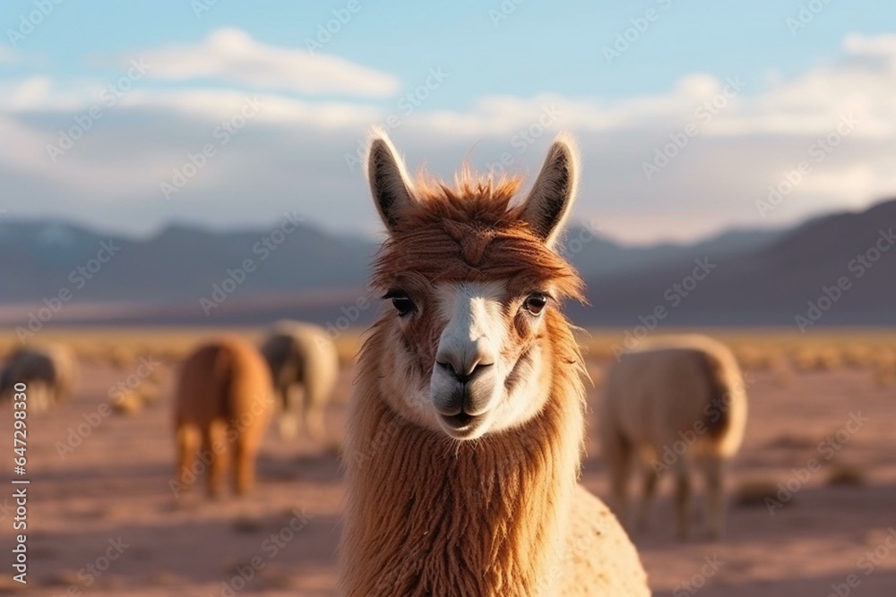 Llama alpaca in Bolivia, altiplano, Chilean Atacama border, South America. Generative AI